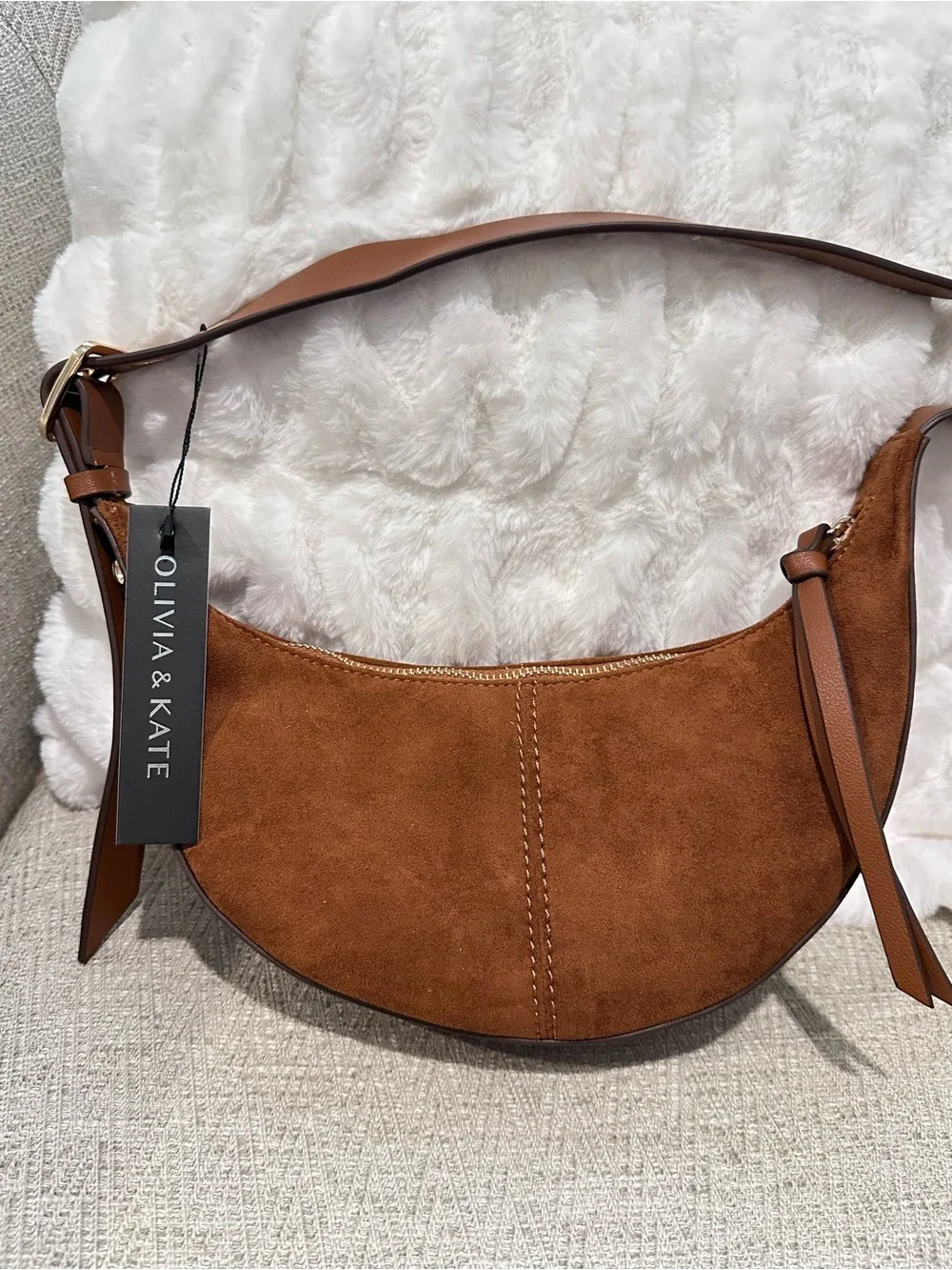 Olivia & Kate Chestnut Suede Crescent Shoulder Bag